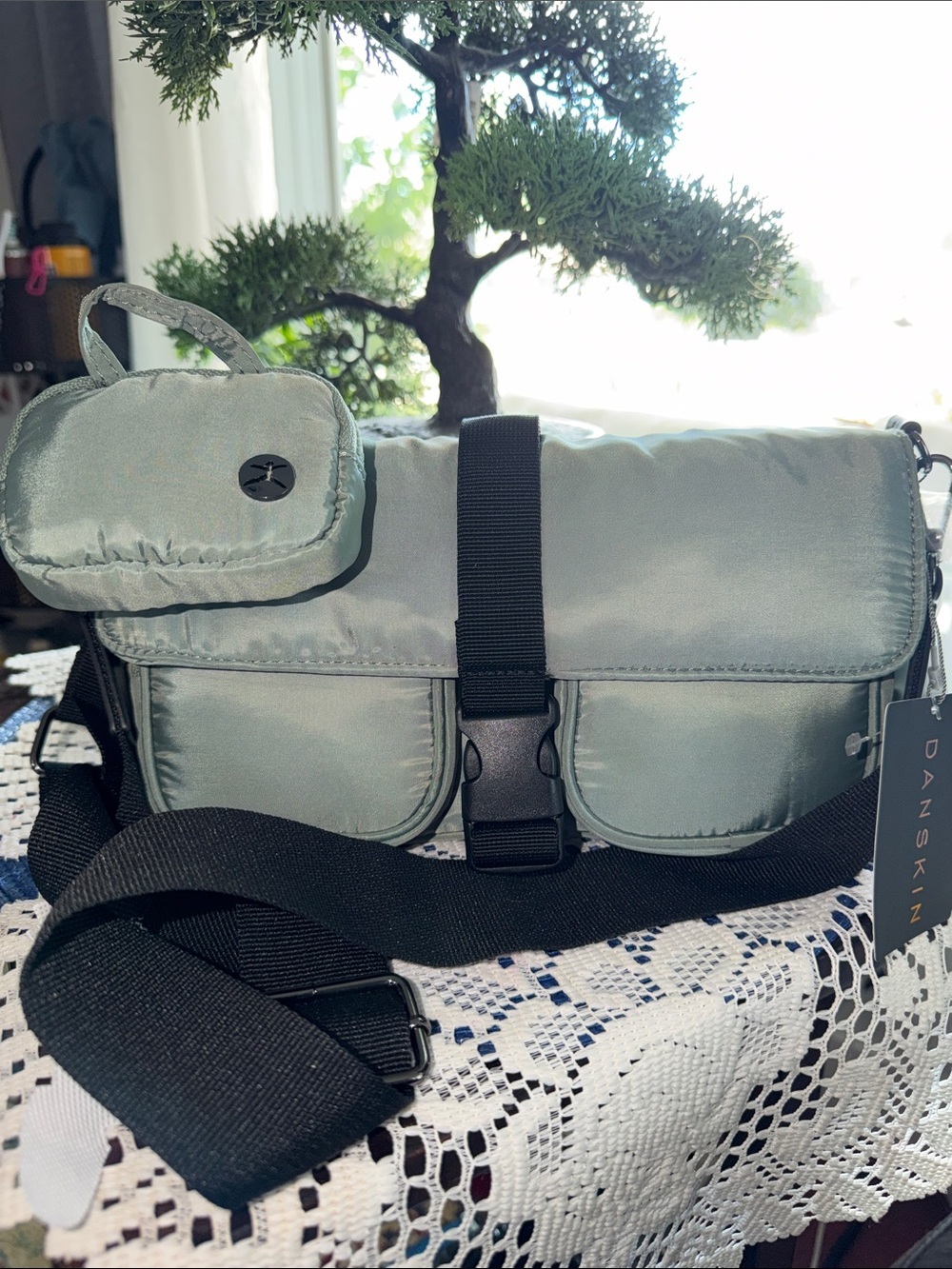 Danskin Men's Sage Green Nylon Messenger Crossbody with Black Strap